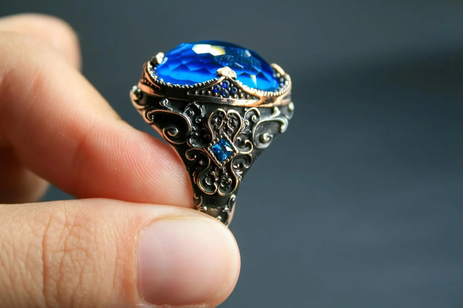 Regal Sterling Silver Ring with Royal Blue Zircon  Intricately Handcrafted Antique-Style Jewelry, Perfect for Men & Women, Sizes 5-15, Elegant Gift for Special Occasions or Daily Wear