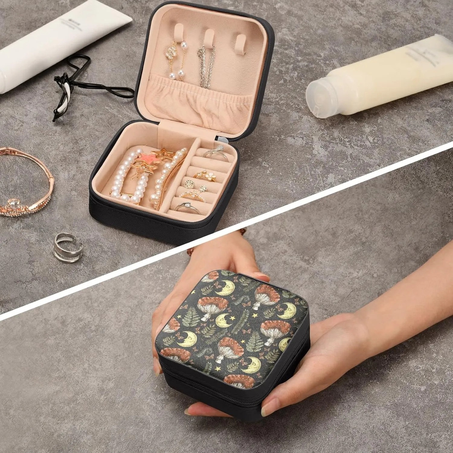Retro Mushroom Moon Jewelry Box for Women Girls Portable Travel Jewelry Boxes PU Leather Small Jewelry Case for Ring, Earring, Necklace, Bracelet Organizer Storage