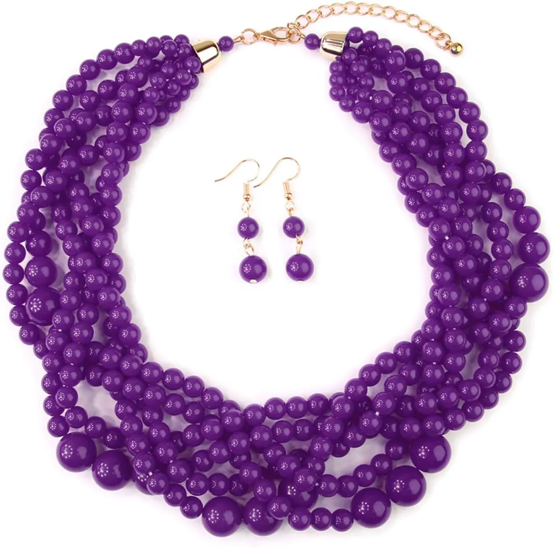 RIAH FASHION Braided Chunky Cluster Bead Bubble Statement Necklace - Multi Strand Twisted Colorful Twisted Bib Collar Acrylic, Sparkly Crystal