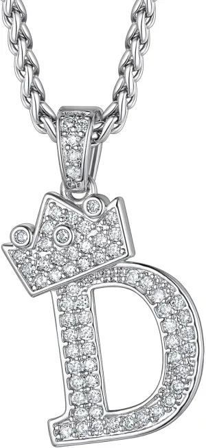 Richsteel Silver Crown Initial A-Z Necklace, Cubic Zirconia Letter Pendant with 22" 2'' Adjustable Chain, Men Women Bling Hip Hop Jewelry for Father's Day/Anniversaries/Birthdays