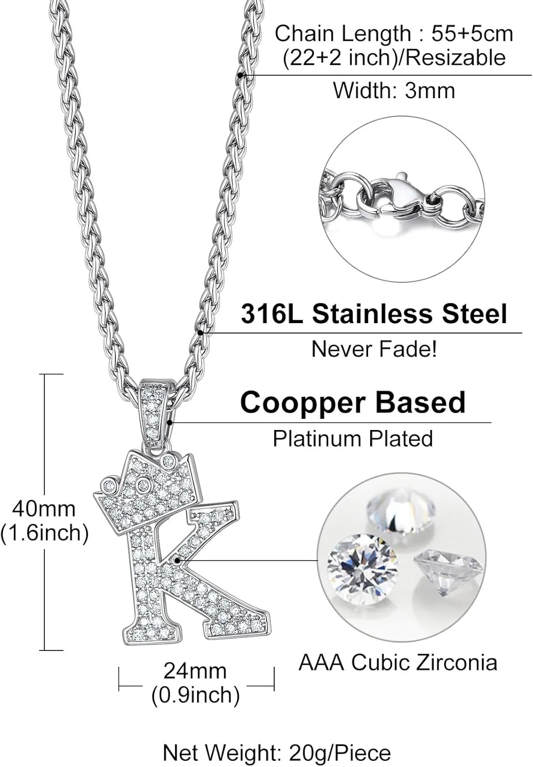 Richsteel Silver Crown Initial A-Z Necklace, Cubic Zirconia Letter Pendant with 22" 2'' Adjustable Chain, Men Women Bling Hip Hop Jewelry for Father's Day/Anniversaries/Birthdays