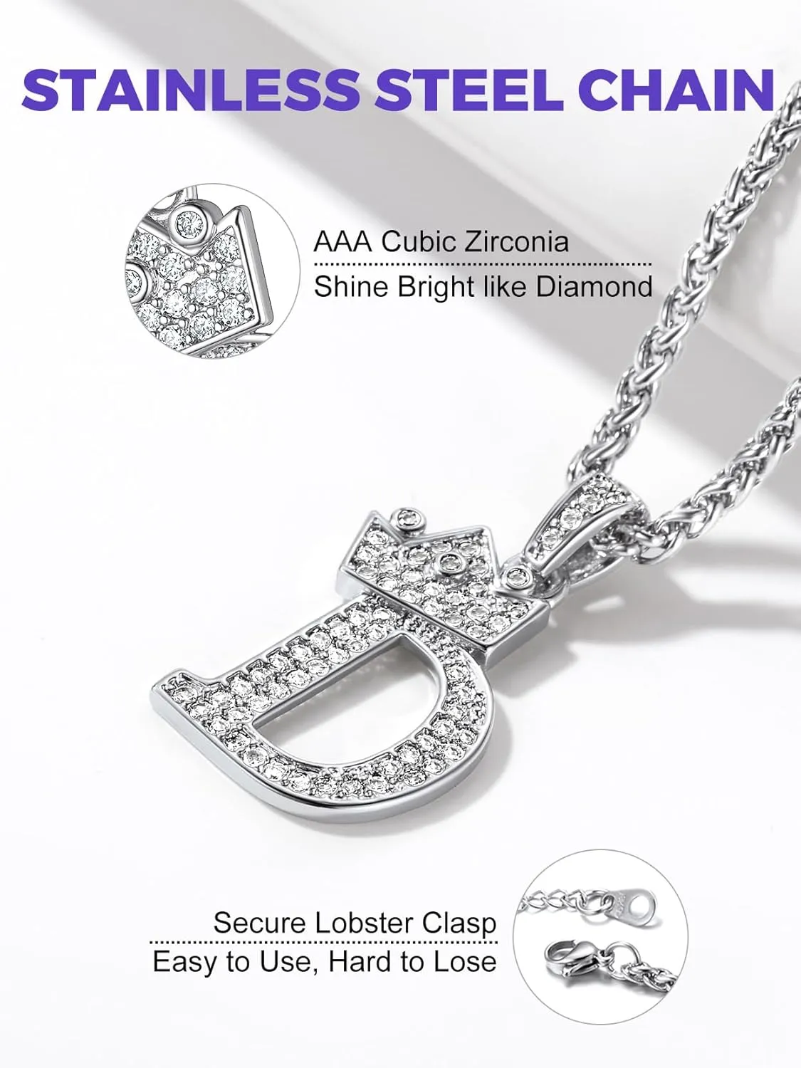 Richsteel Silver Crown Initial A-Z Necklace, Cubic Zirconia Letter Pendant with 22" 2'' Adjustable Chain, Men Women Bling Hip Hop Jewelry for Father's Day/Anniversaries/Birthdays