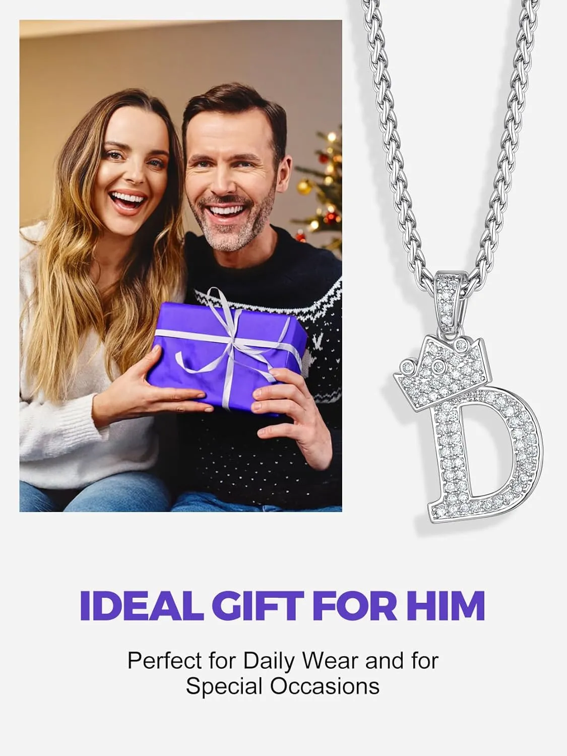 Richsteel Silver Crown Initial A-Z Necklace, Cubic Zirconia Letter Pendant with 22" 2'' Adjustable Chain, Men Women Bling Hip Hop Jewelry for Father's Day/Anniversaries/Birthdays