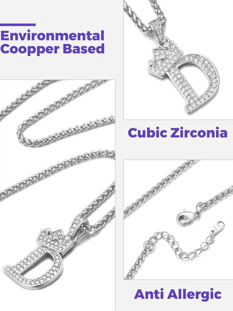 Richsteel Silver Crown Initial A-Z Necklace, Cubic Zirconia Letter Pendant with 22" 2'' Adjustable Chain, Men Women Bling Hip Hop Jewelry for Father's Day/Anniversaries/Birthdays