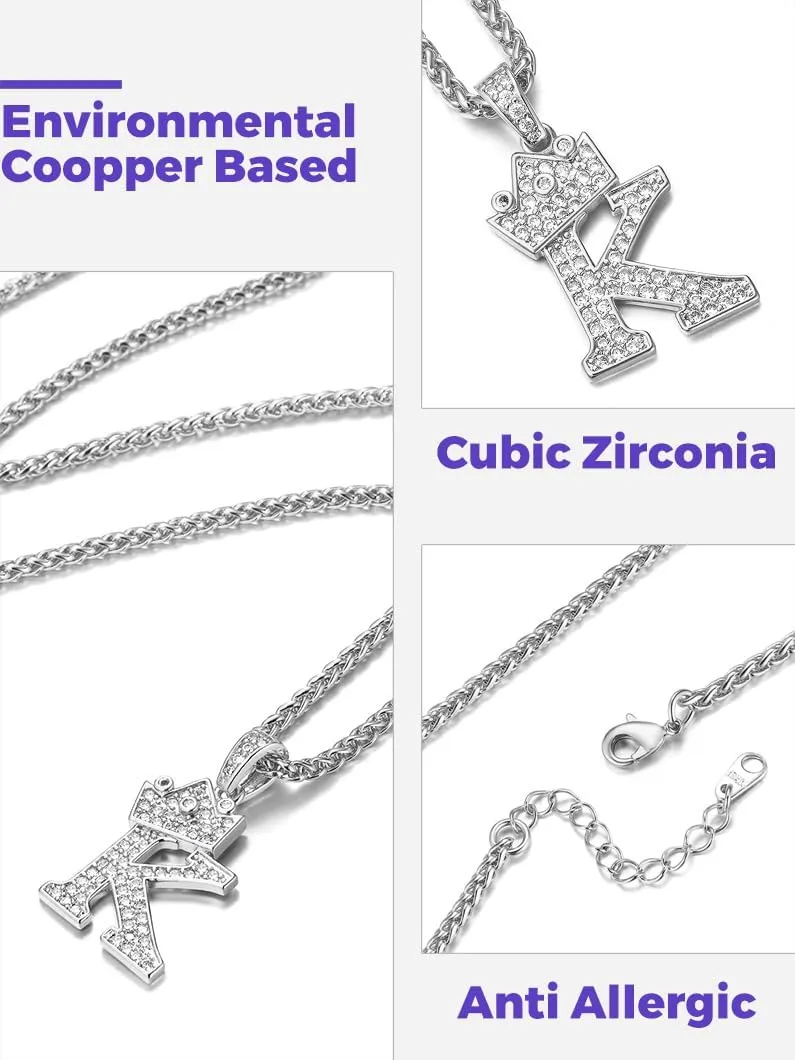 Richsteel Silver Crown Initial A-Z Necklace, Cubic Zirconia Letter Pendant with 22" 2'' Adjustable Chain, Men Women Bling Hip Hop Jewelry for Father's Day/Anniversaries/Birthdays