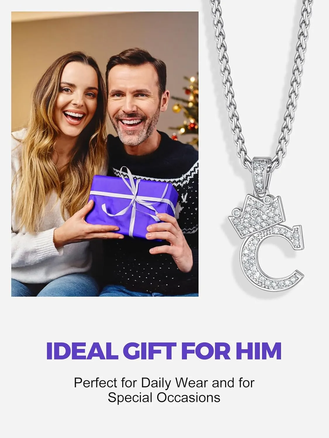 Richsteel Silver Crown Initial A-Z Necklace, Cubic Zirconia Letter Pendant with 22" 2'' Adjustable Chain, Men Women Bling Hip Hop Jewelry for Father's Day/Anniversaries/Birthdays