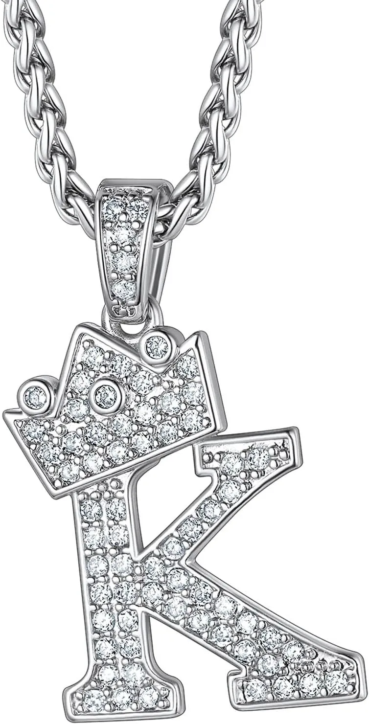 Richsteel Silver Crown Initial A-Z Necklace, Cubic Zirconia Letter Pendant with 22" 2'' Adjustable Chain, Men Women Bling Hip Hop Jewelry for Father's Day/Anniversaries/Birthdays
