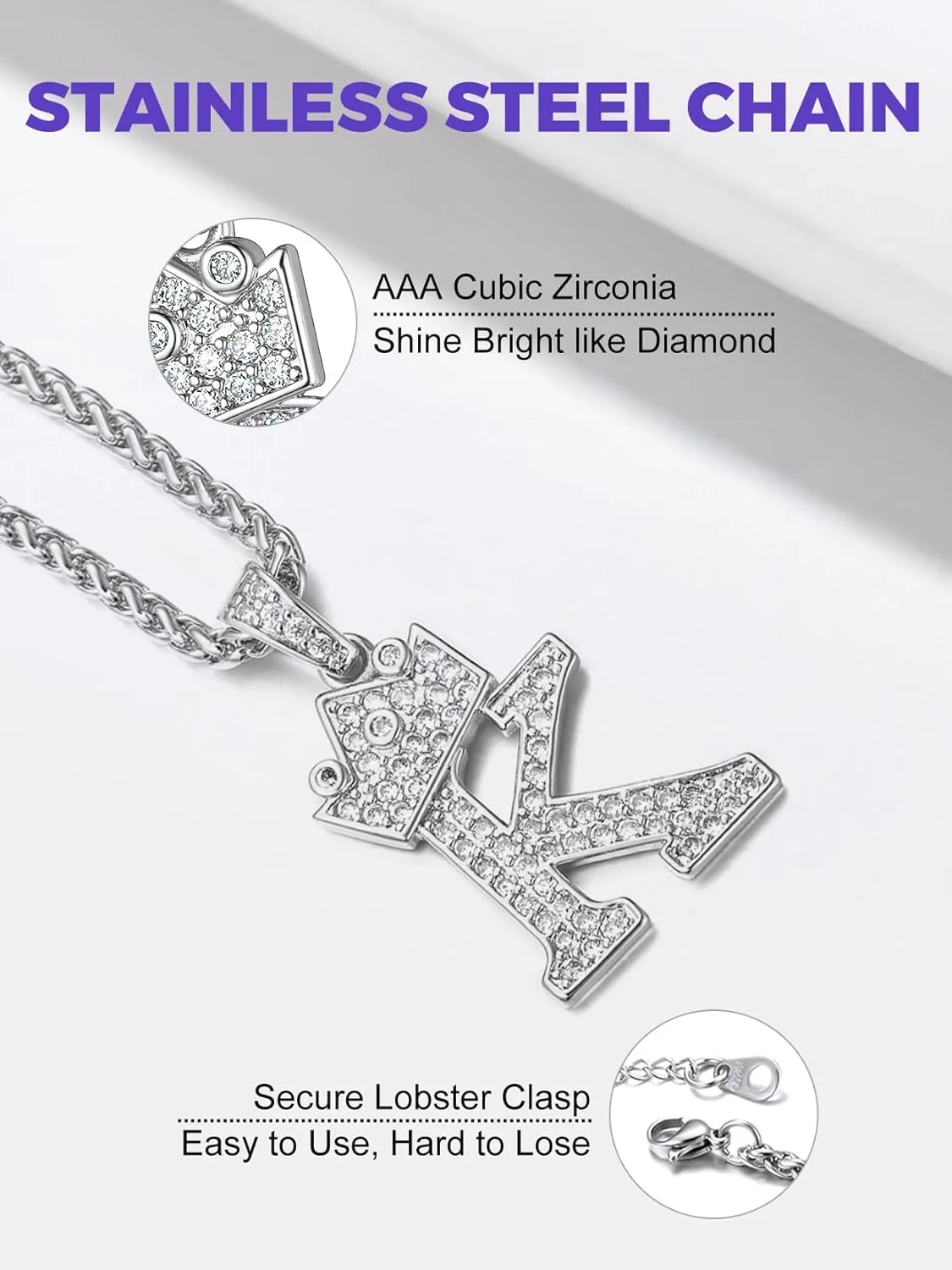Richsteel Silver Crown Initial A-Z Necklace, Cubic Zirconia Letter Pendant with 22" 2'' Adjustable Chain, Men Women Bling Hip Hop Jewelry for Father's Day/Anniversaries/Birthdays