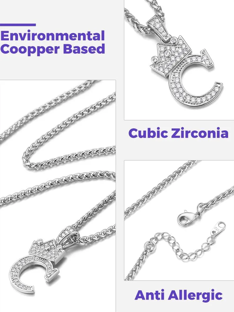 Richsteel Silver Crown Initial A-Z Necklace, Cubic Zirconia Letter Pendant with 22" 2'' Adjustable Chain, Men Women Bling Hip Hop Jewelry for Father's Day/Anniversaries/Birthdays