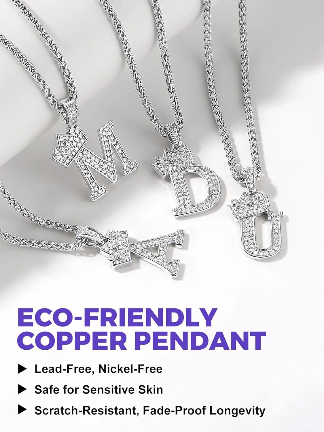 Richsteel Silver Crown Initial A-Z Necklace, Cubic Zirconia Letter Pendant with 22" 2'' Adjustable Chain, Men Women Bling Hip Hop Jewelry for Father's Day/Anniversaries/Birthdays