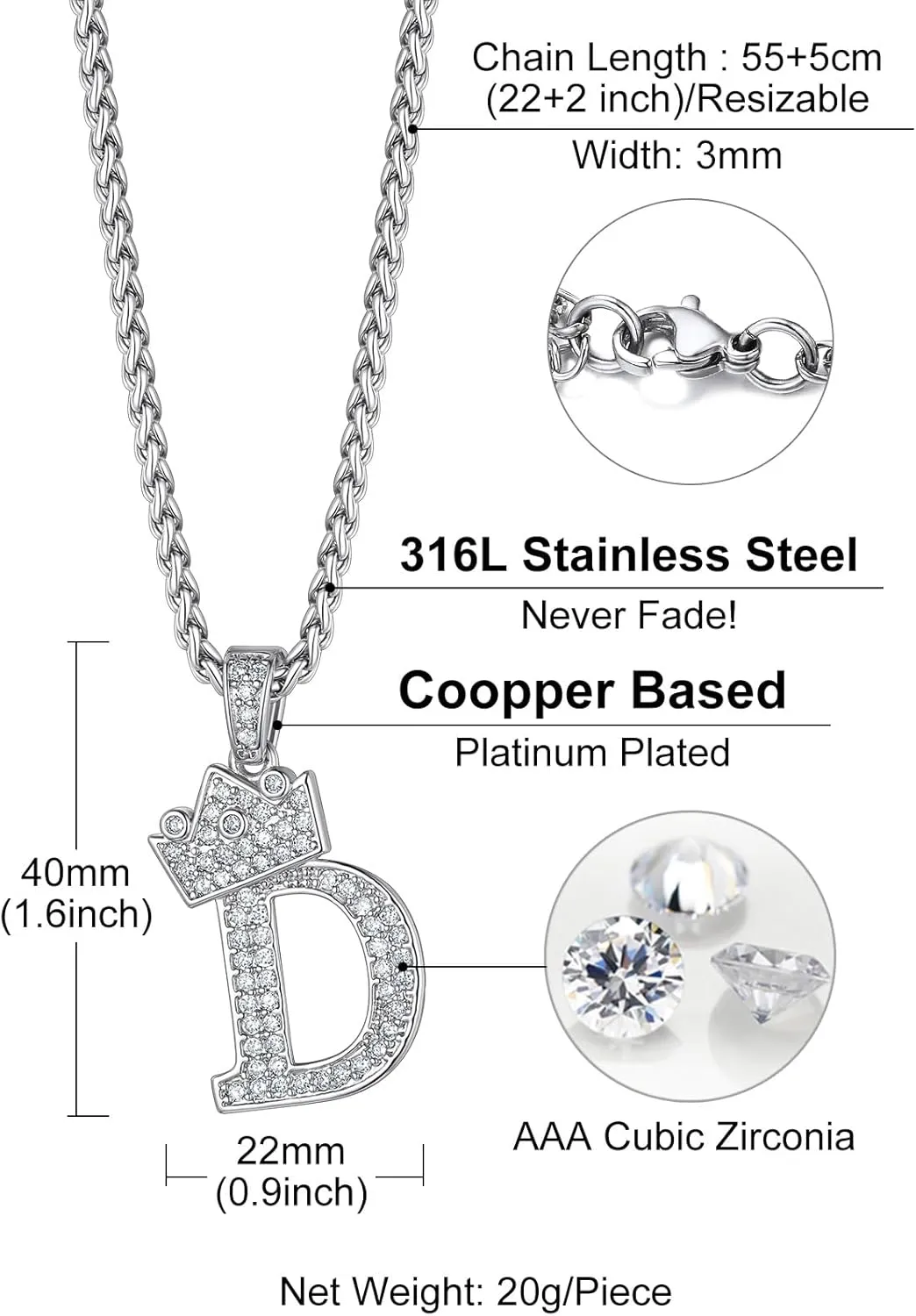 Richsteel Silver Crown Initial A-Z Necklace, Cubic Zirconia Letter Pendant with 22" 2'' Adjustable Chain, Men Women Bling Hip Hop Jewelry for Father's Day/Anniversaries/Birthdays