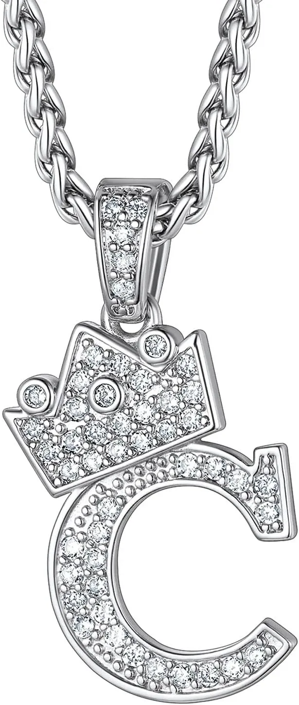 Richsteel Silver Crown Initial A-Z Necklace, Cubic Zirconia Letter Pendant with 22" 2'' Adjustable Chain, Men Women Bling Hip Hop Jewelry for Father's Day/Anniversaries/Birthdays