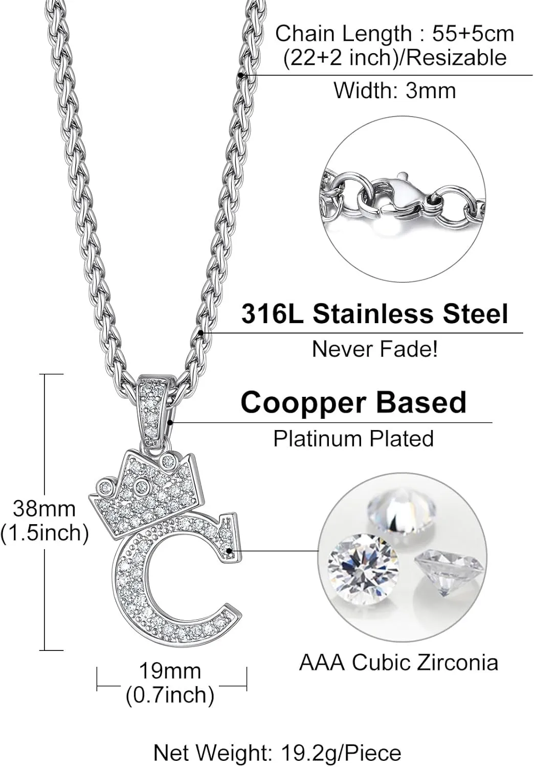 Richsteel Silver Crown Initial A-Z Necklace, Cubic Zirconia Letter Pendant with 22" 2'' Adjustable Chain, Men Women Bling Hip Hop Jewelry for Father's Day/Anniversaries/Birthdays