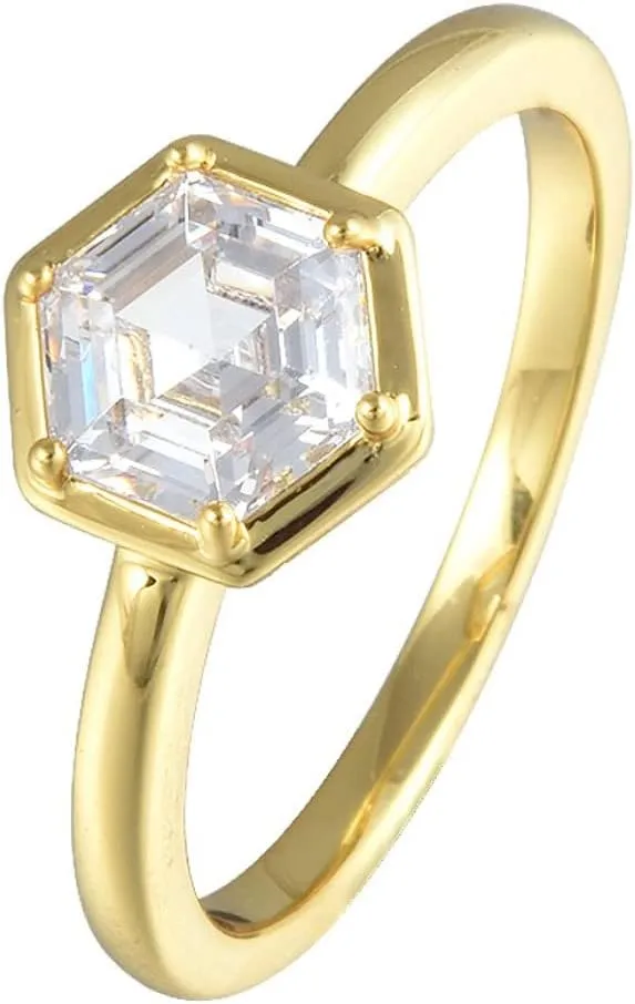 RIZILIA BEEHIVE Hexagon Solitaire Ring with Custom-Cut 1CT (6mm) Gemstone CZ in 18K Yellow Gold Plated