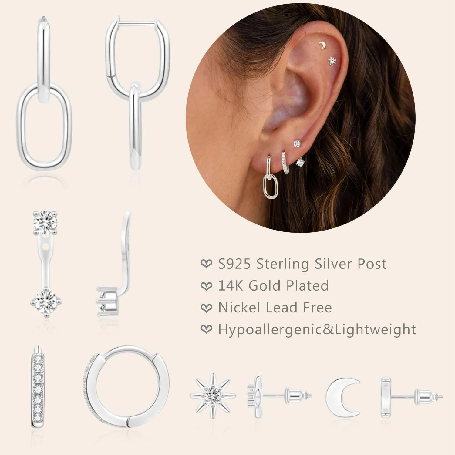 RLMOON Gold Earring Set for Women 925 Sterling Silver Post Stud Earring Small Hoop Earring 14K Gold Plated Hypoallergenic Cartilage Stud Earring Stack for Multiple Piercing 5 Pairs