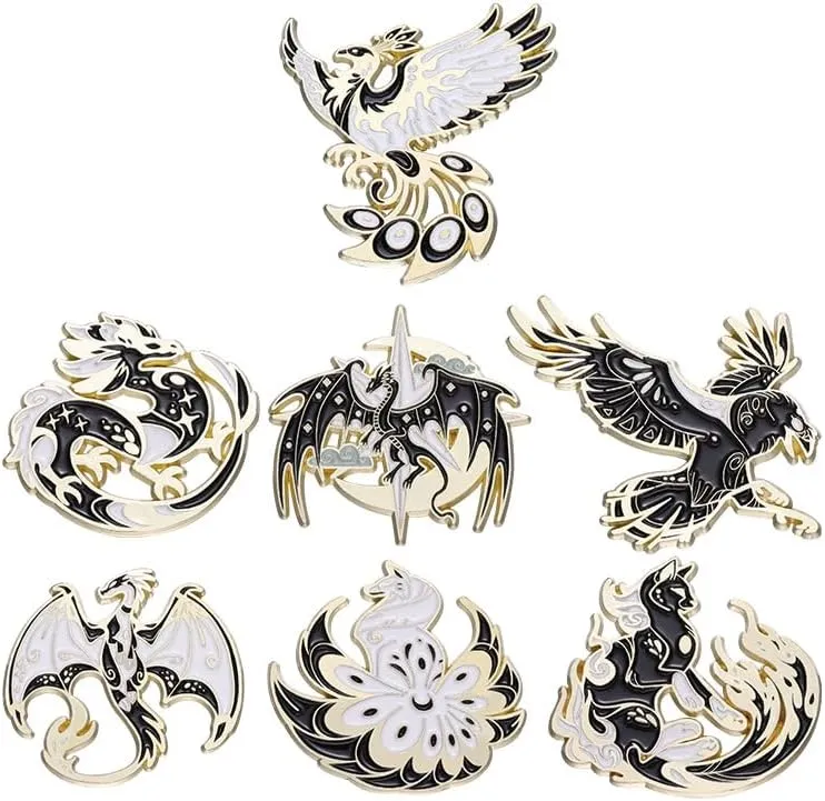 ROFARSO Mythical Creatures Enamel Lapel Pin Set Majestic Beasts in Black and Gold Pin, Accessory for Backpacks Clothing Bags Hats Shirts (7piccs pin set)