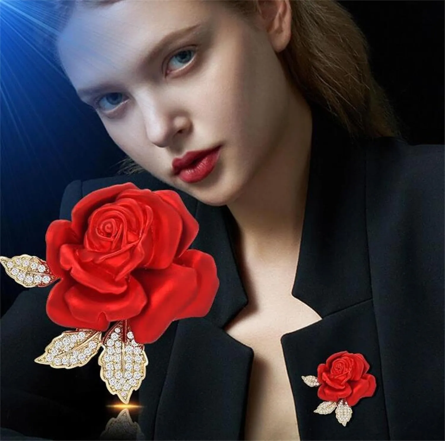 Rose Flower Brooch Elegant Red Rhinestone Crystal Rose Lapel Pin Dress Accessories Jewelry