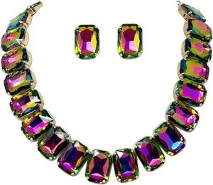 Rosemarie & Jubalee Women's Bejeweled Colorful Emerald Cut Crystal Rhinestone Statement Necklace Earrings Bridal Gift Set, 16.5" 3" Extender