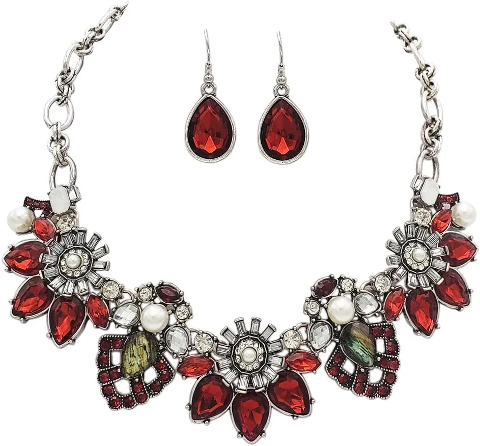 Rosemarie & Jubalee Women's Mesmerizing Art Deco Crystal Flowers Statement Necklace Earrings Bridal Gift Set, 15" 3 Extender
