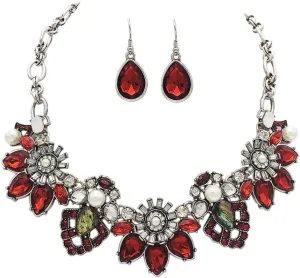 Rosemarie & Jubalee Women's Mesmerizing Art Deco Crystal Flowers Statement Necklace Earrings Bridal Gift Set, 15" 3 Extender