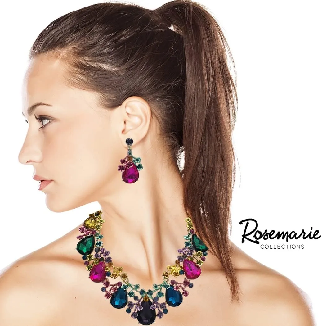 Rosemarie & Jubalee Women's Mesmerizing Colored Crystal Teardrop 3D Metal Vine Statement Necklace Earrings Formal Jewelry Gift Set, 18" 3 Extender