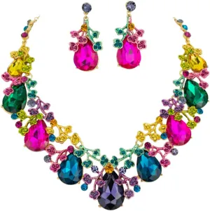 Rosemarie & Jubalee Women's Mesmerizing Colored Crystal Teardrop 3D Metal Vine Statement Necklace Earrings Formal Jewelry Gift Set, 18" 3 Extender