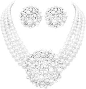 Rosemarie & Jubalee Women's Unique Circular Design Crystal Rhinestone And Simulated Three Strand Pearl Necklace Earrings Bridal Jewelry Gift Set, 14" 3" Extender