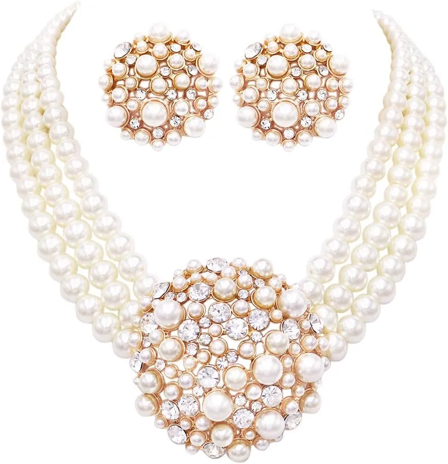 Rosemarie & Jubalee Women's Unique Circular Design Crystal Rhinestone And Simulated Three Strand Pearl Necklace Earrings Bridal Jewelry Gift Set, 14" 3" Extender