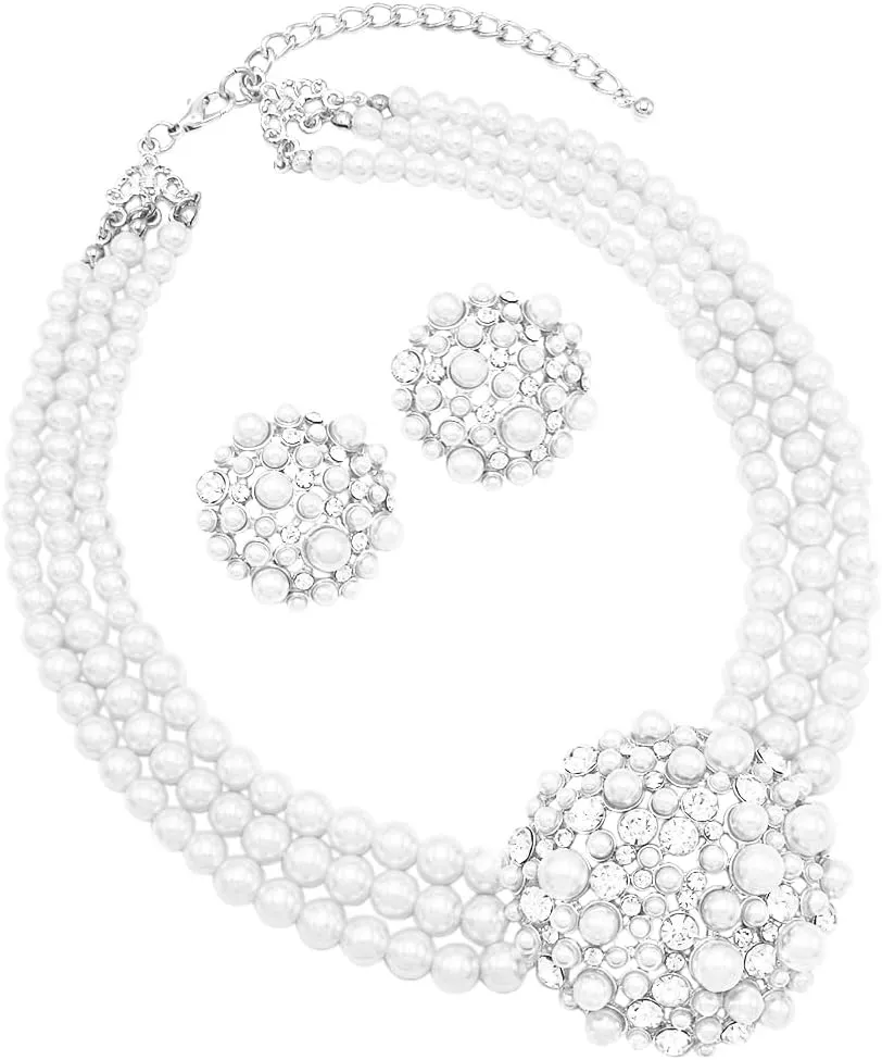 Rosemarie & Jubalee Women's Unique Circular Design Crystal Rhinestone And Simulated Three Strand Pearl Necklace Earrings Bridal Jewelry Gift Set, 14" 3" Extender