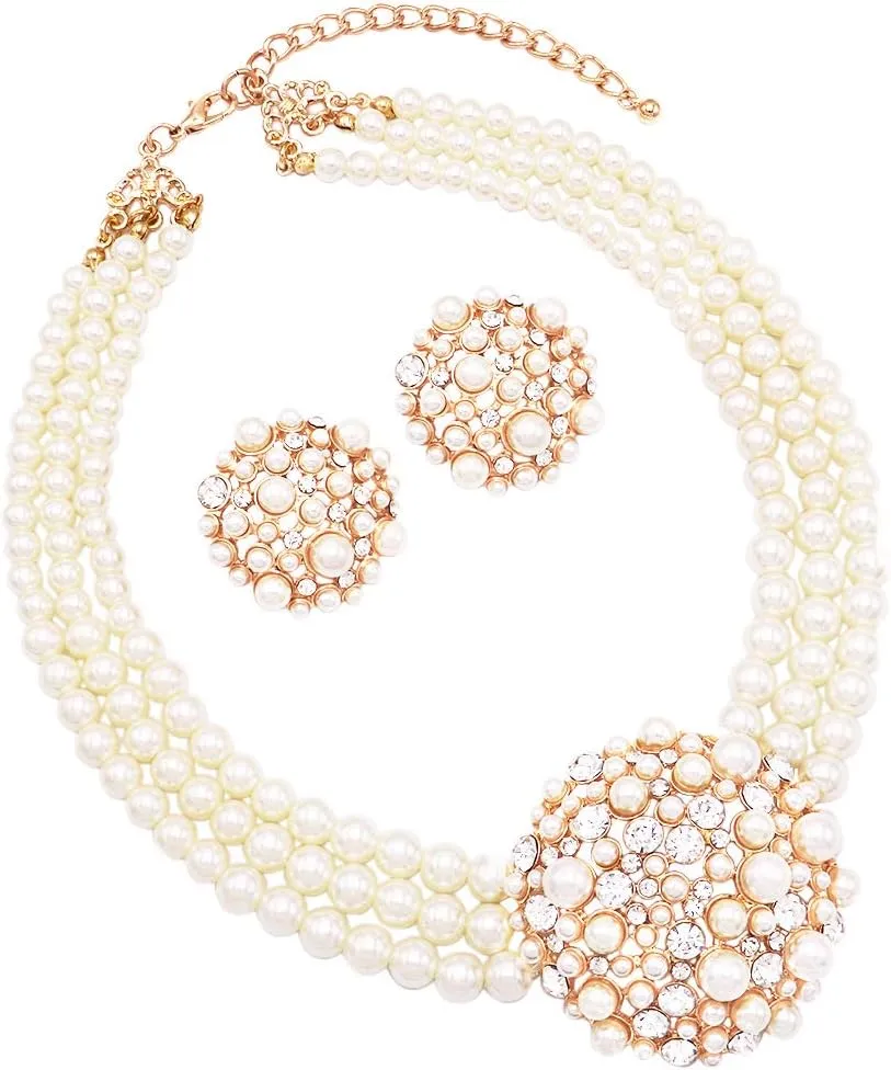 Rosemarie & Jubalee Women's Unique Circular Design Crystal Rhinestone And Simulated Three Strand Pearl Necklace Earrings Bridal Jewelry Gift Set, 14" 3" Extender