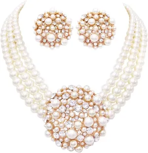 Rosemarie & Jubalee Women's Unique Circular Design Crystal Rhinestone And Simulated Three Strand Pearl Necklace Earrings Bridal Jewelry Gift Set, 14" 3" Extender