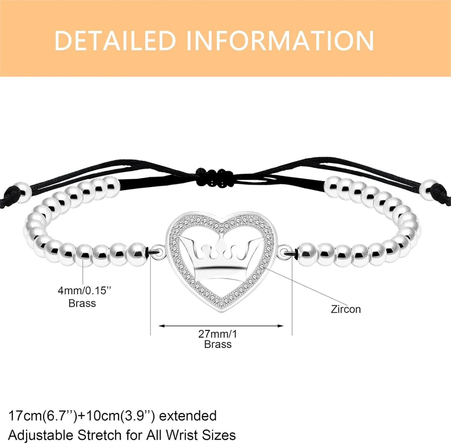 Royal Crown Bracelet - Love and Honor Micro Pave Cubic Zirconia Bracelet 5.9'   3.9" Extended Handmade Beaded String Emperor Jewelry Christmas, Birthday, Anniversary