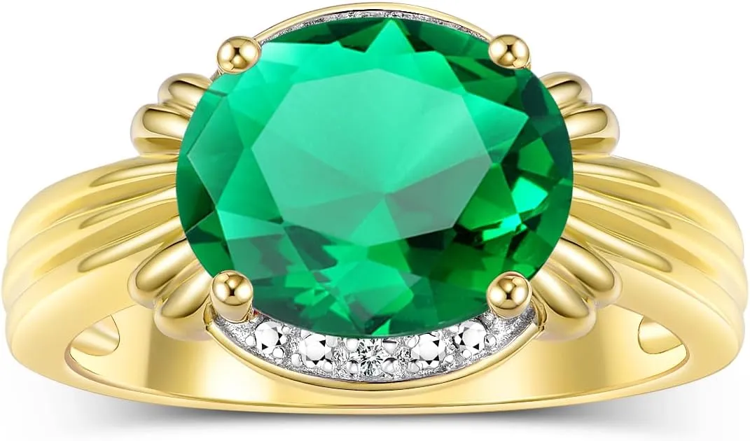 Rylos Ring with 12X10MM Gemstone & Diamonds  Striking Ring for Middle or Pointer Finger  Exquisite Jewelry for Women in Yellow Gold Plated Silver  Available in Sizes 5-13