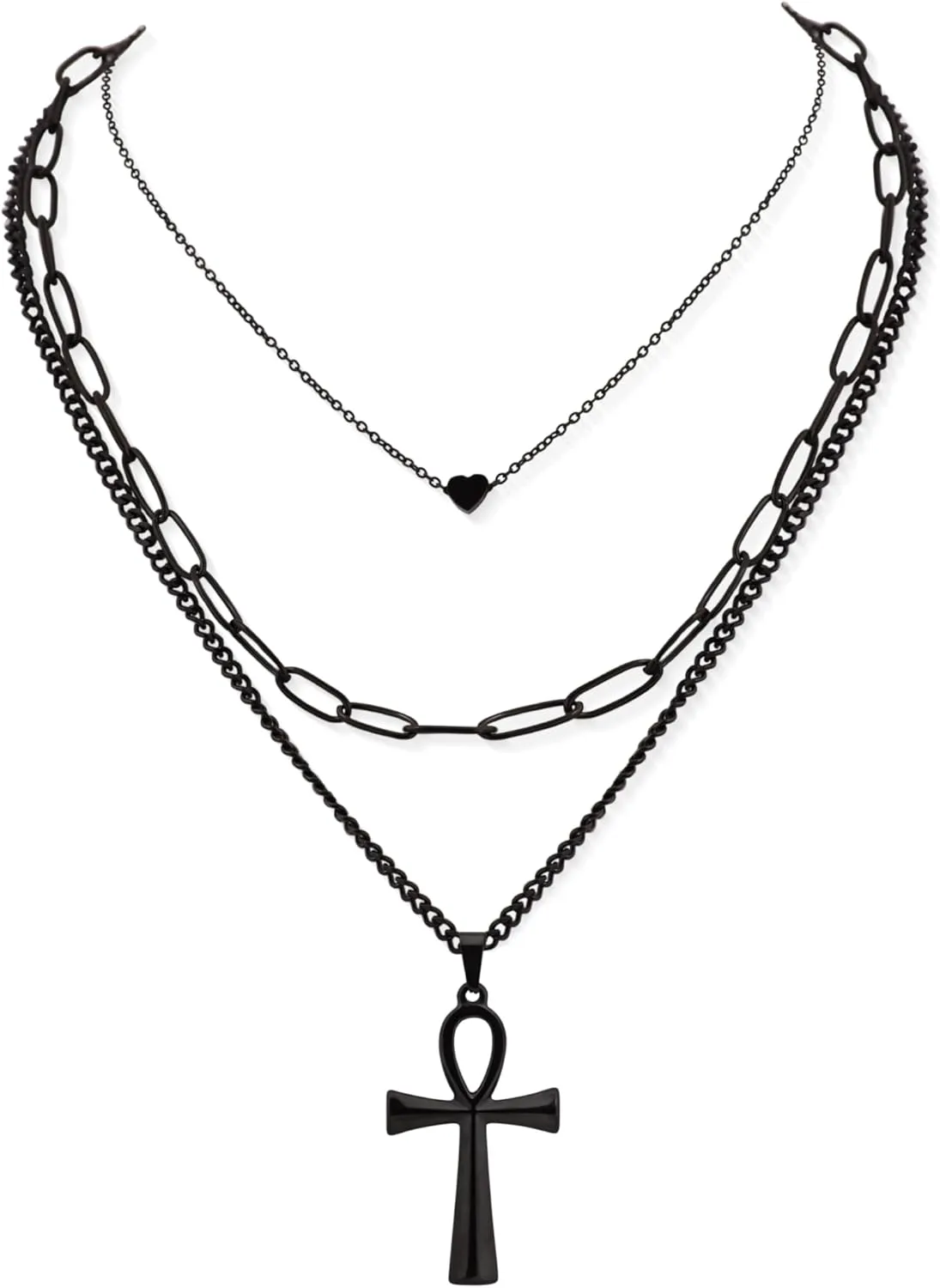 Sacina Goth Layered Black Ankh Pendant Necklace, Grunge Gothic Punk Emo Necklace