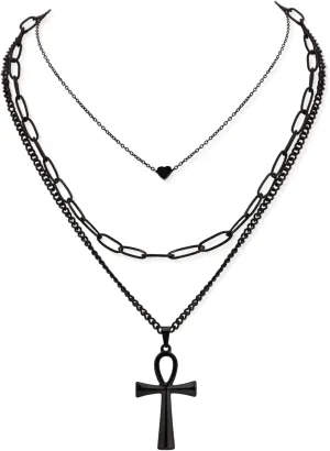 Sacina Goth Layered Black Ankh Pendant Necklace, Grunge Gothic Punk Emo Necklace
