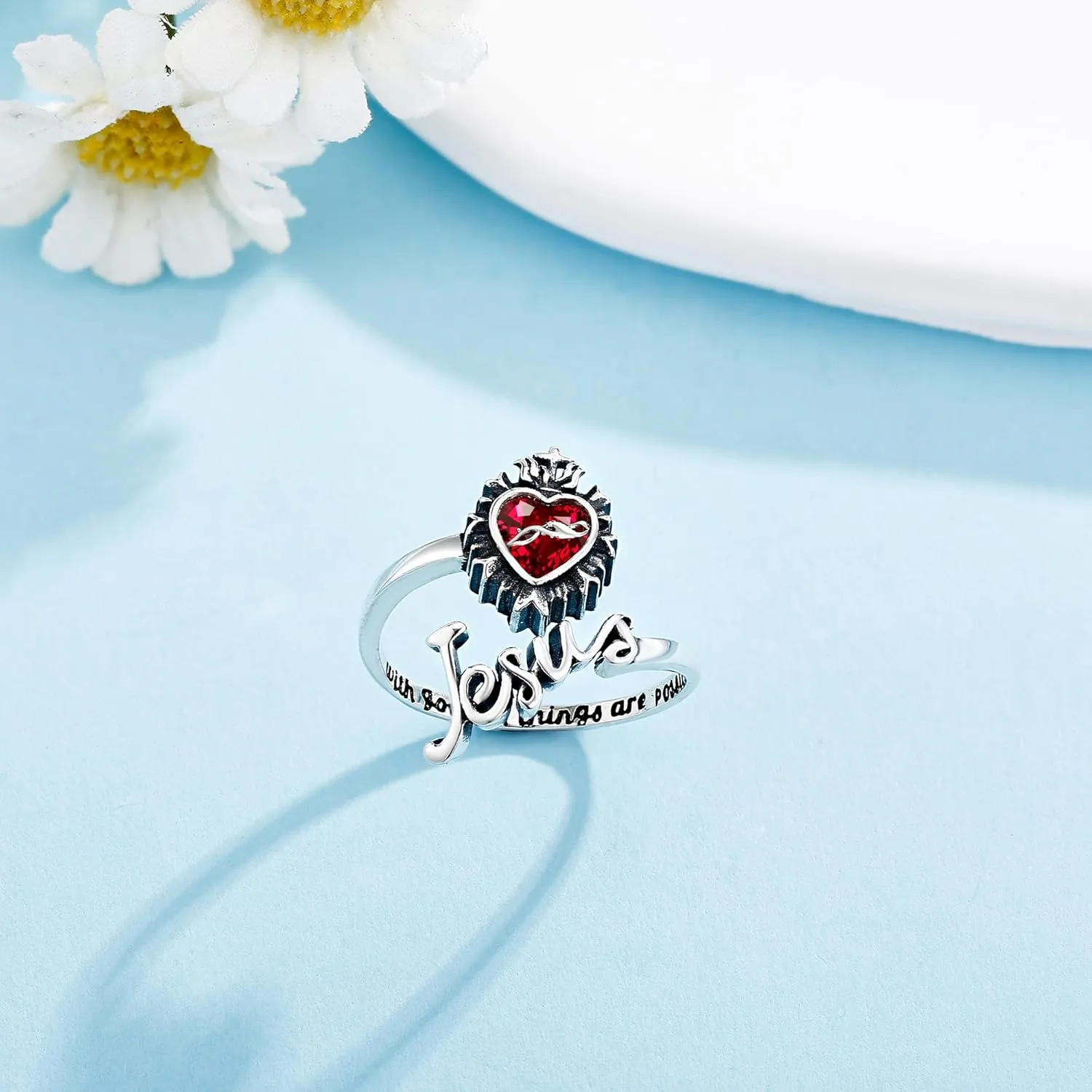 Sacred Heart Rings 925 Sterling Silver Heart of Jesus Jewelry for Women Mom