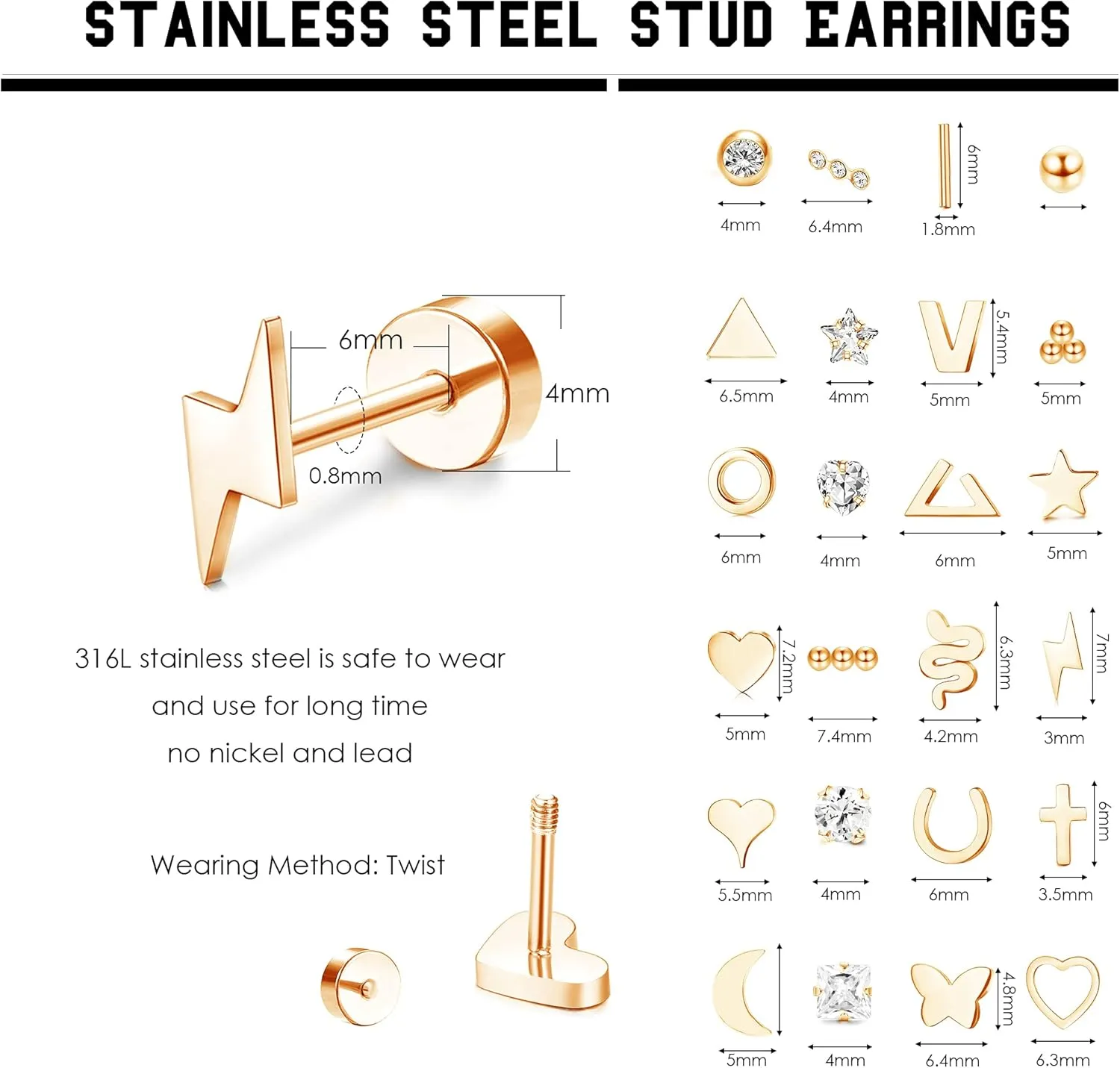 Sanfenly Flat Back Stud Earrings for Women Men Hypoallergenic 14K Gold Plated Surgical Stainless Steel Tiny Small Screw Back Stud Earring Sets Dainty 20g Cartilage Earring Pack Helix Piercing Jewelry
