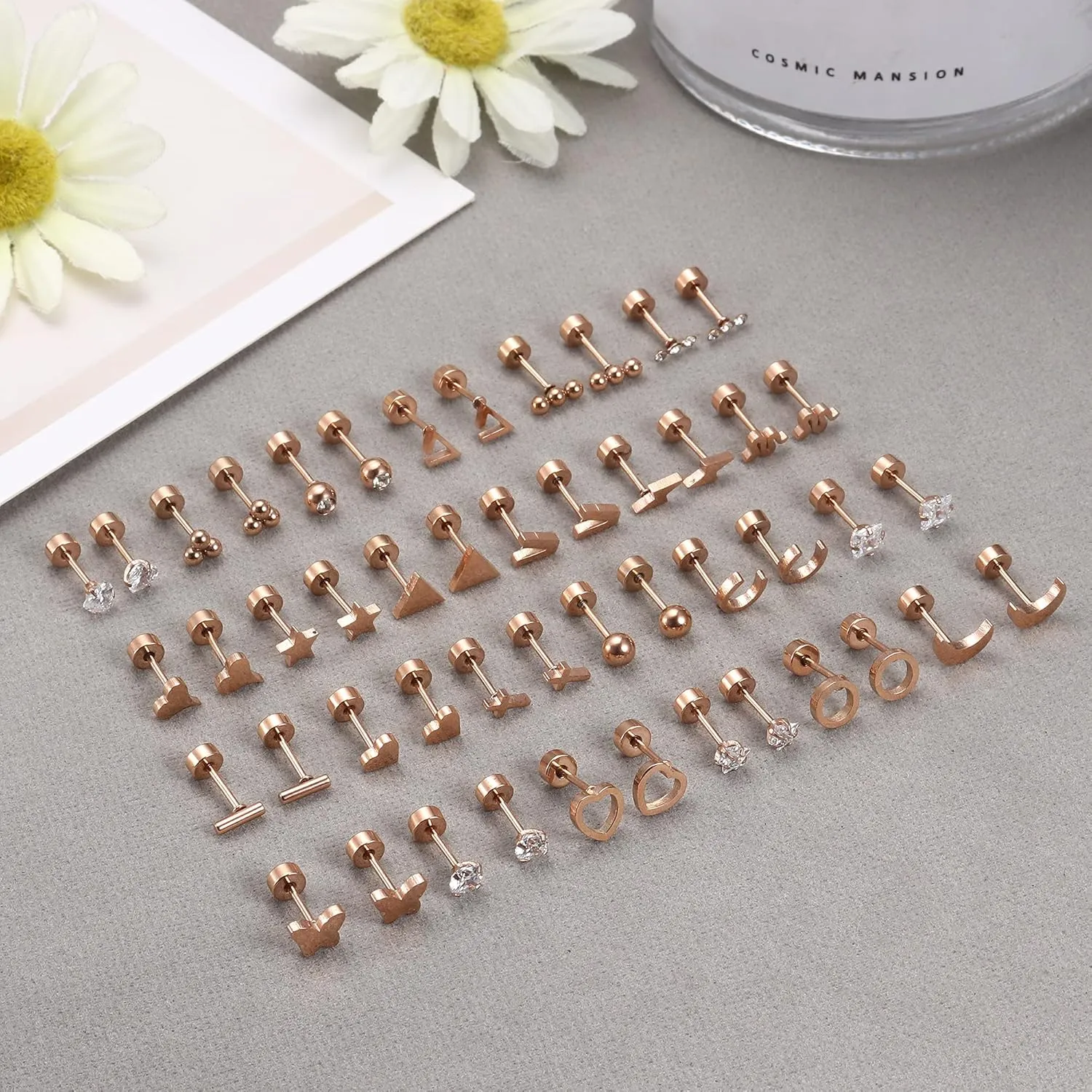 Sanfenly Flat Back Stud Earrings for Women Men Hypoallergenic 14K Gold Plated Surgical Stainless Steel Tiny Small Screw Back Stud Earring Sets Dainty 20g Cartilage Earring Pack Helix Piercing Jewelry