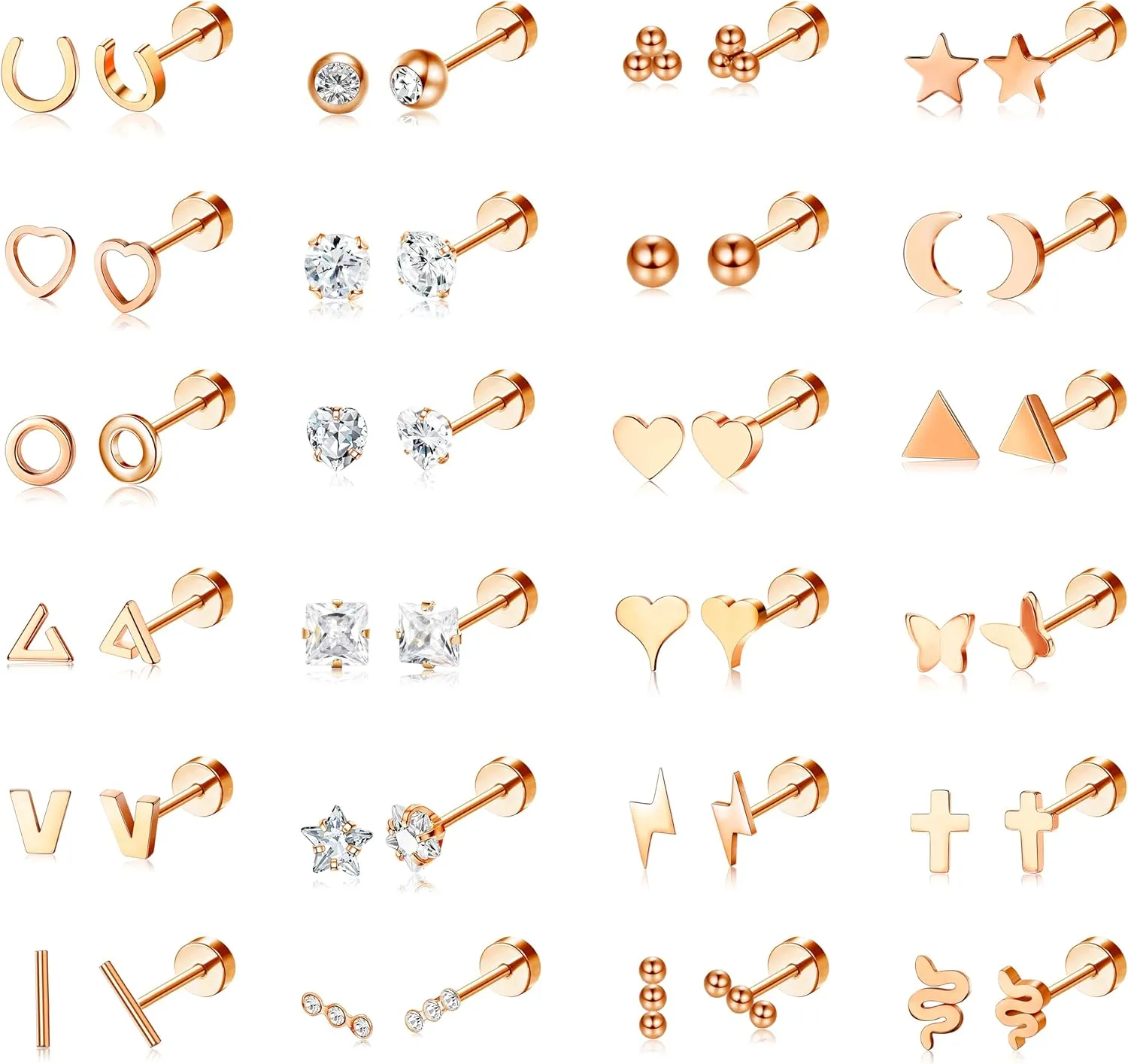 Sanfenly Flat Back Stud Earrings for Women Men Hypoallergenic 14K Gold Plated Surgical Stainless Steel Tiny Small Screw Back Stud Earring Sets Dainty 20g Cartilage Earring Pack Helix Piercing Jewelry