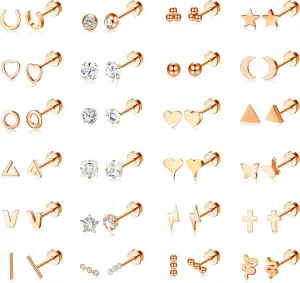 Sanfenly Flat Back Stud Earrings for Women Men Hypoallergenic 14K Gold Plated Surgical Stainless Steel Tiny Small Screw Back Stud Earring Sets Dainty 20g Cartilage Earring Pack Helix Piercing Jewelry