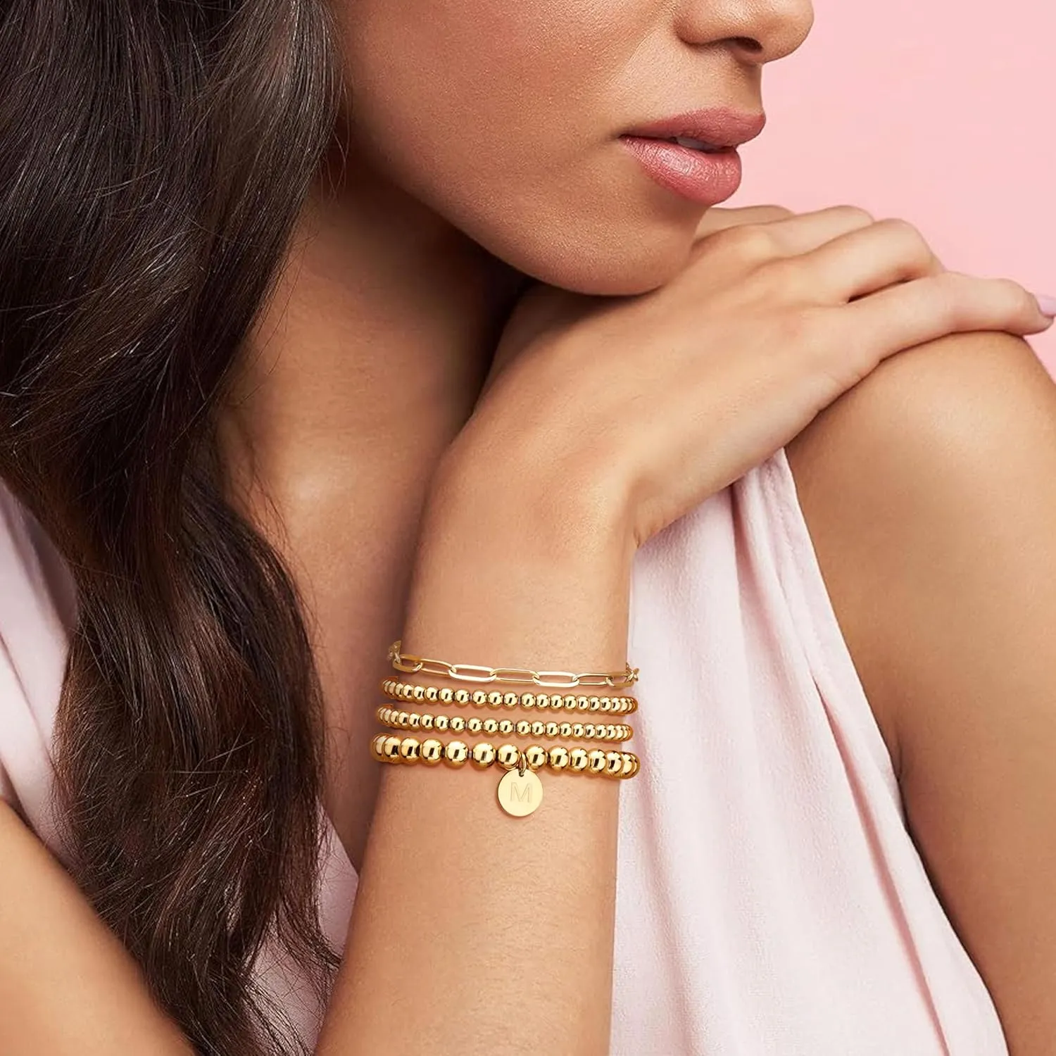 Sanfenly Gold Bracelets for Women, 14K Gold Plated Letter Initial Bracelet Stack Gold Stretch Bead Ball Bracelets Stackable Bracelet Set