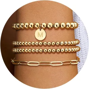 Sanfenly Gold Bracelets for Women, 14K Gold Plated Letter Initial Bracelet Stack Gold Stretch Bead Ball Bracelets Stackable Bracelet Set