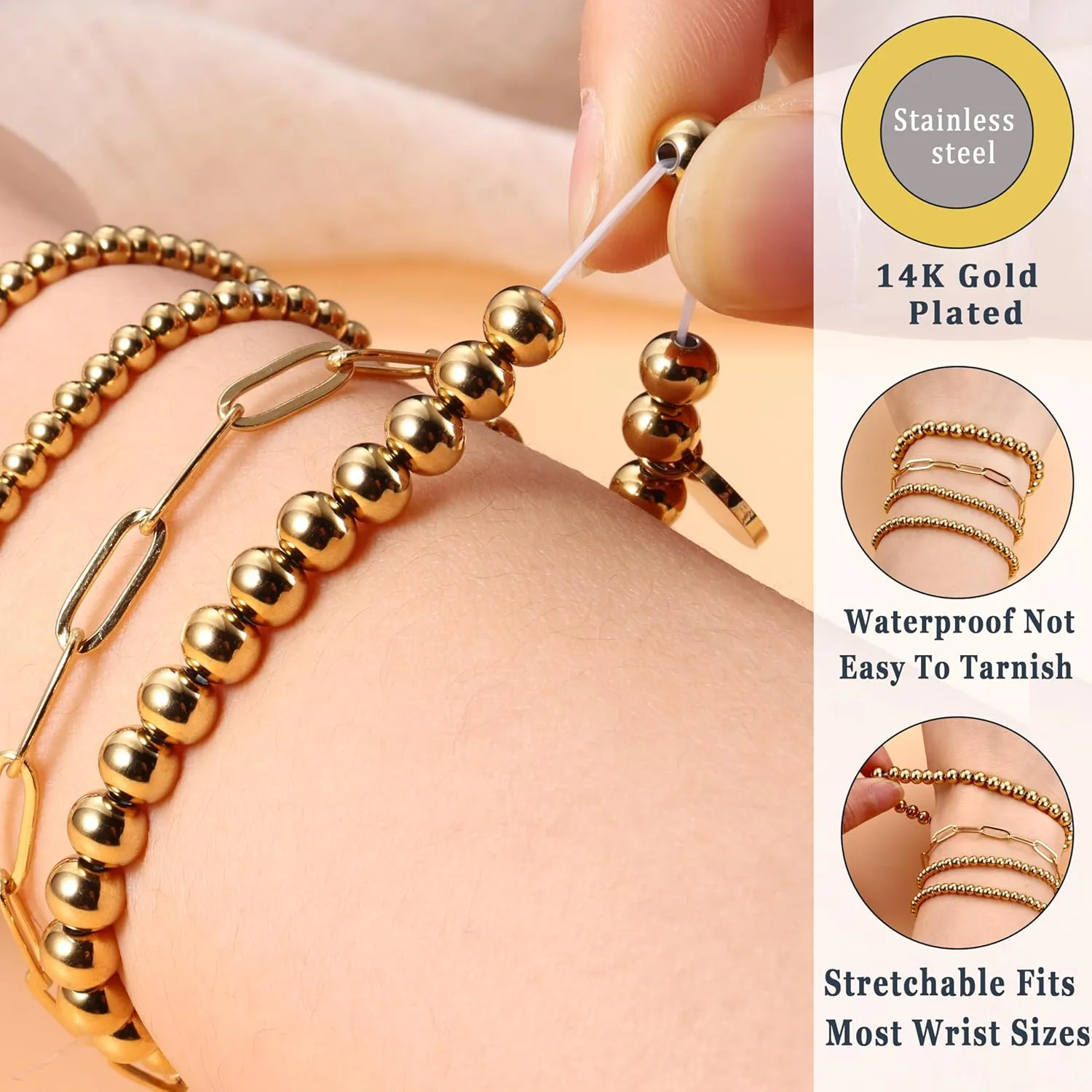 Sanfenly Gold Bracelets for Women, 14K Gold Plated Letter Initial Bracelet Stack Gold Stretch Bead Ball Bracelets Stackable Bracelet Set