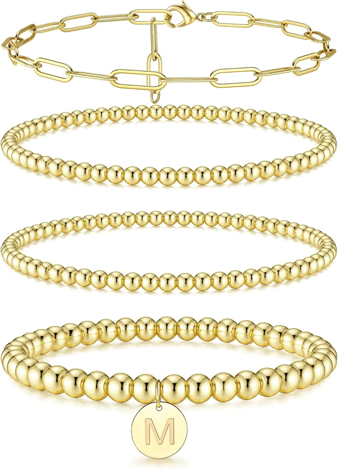 Sanfenly Gold Bracelets for Women, 14K Gold Plated Letter Initial Bracelet Stack Gold Stretch Bead Ball Bracelets Stackable Bracelet Set