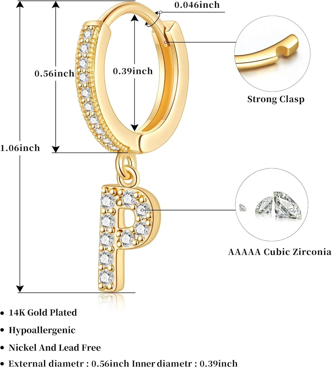 SANNYRA Initial Hoop Earrings for Women, 14K Gold Silver Rose Gold Plated CZ Letter Hypoallergenic Stud Earring Gifts