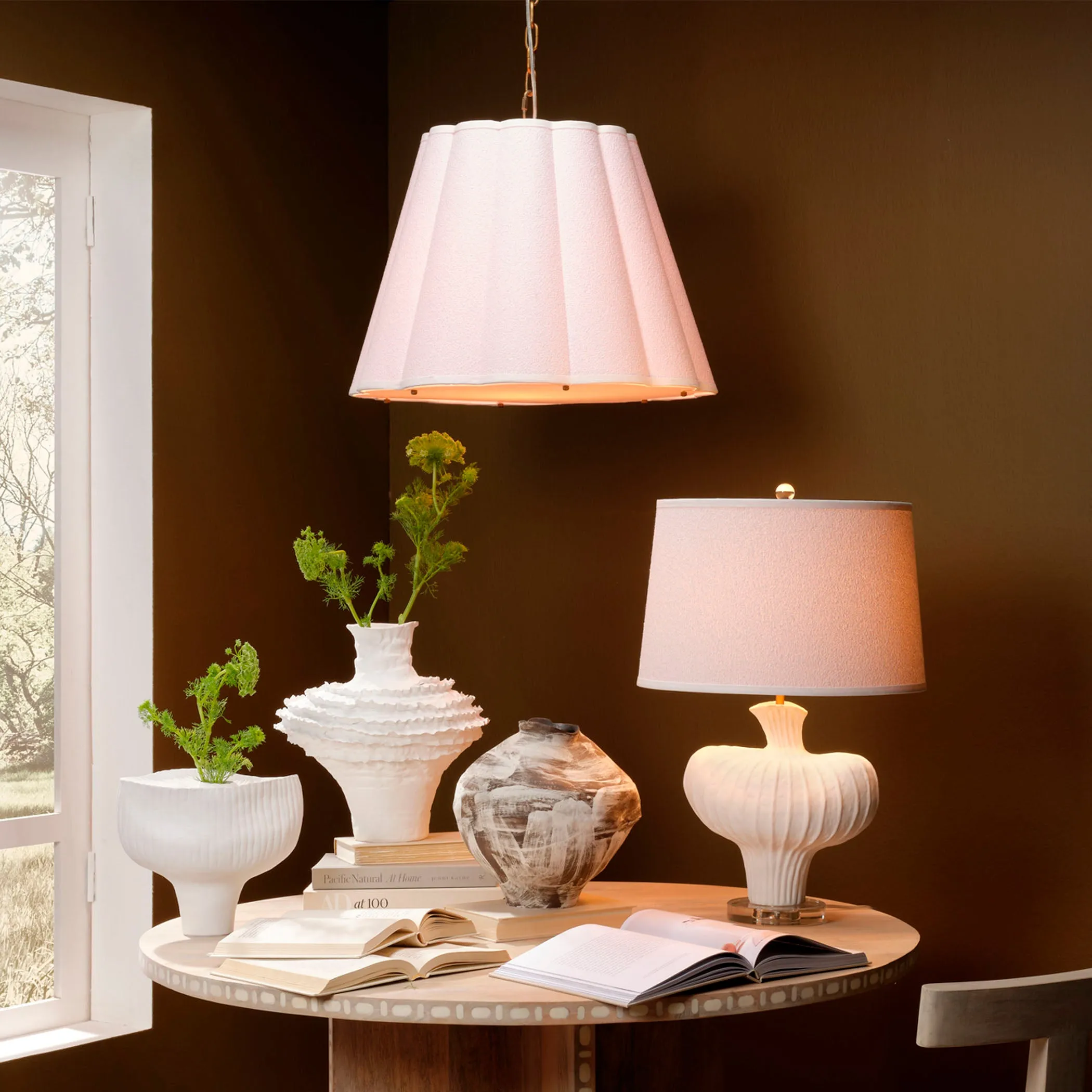 Scalloped 1-Light Pendant, Boucle Linen