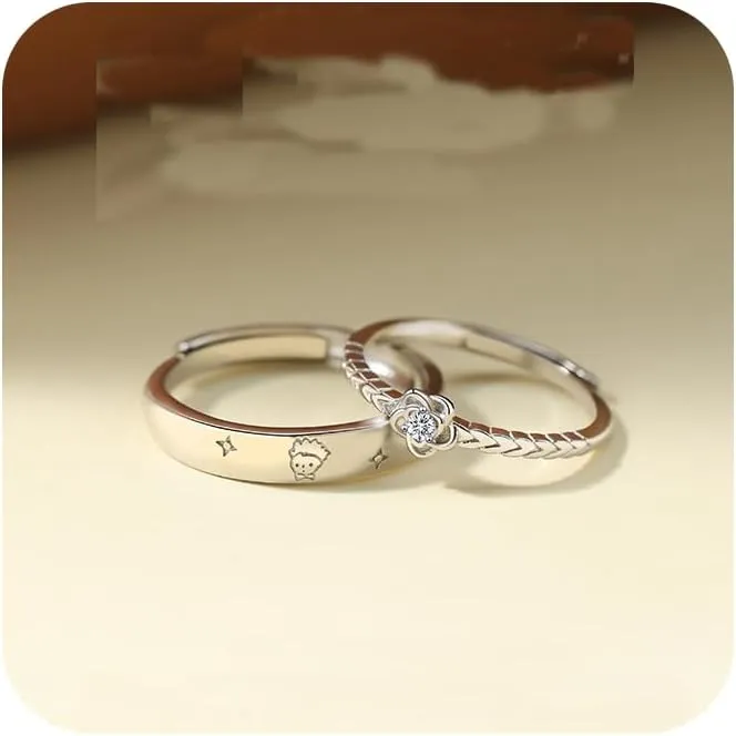 Sdouefos 925 Sterling Silver Couple Rings Set Prince and Rose Couple Finger Rings Set Adjustable Finger Rings Love Token Open Rings for Girlfriend and Boyfriend Valentine's Day Gift Jewelry