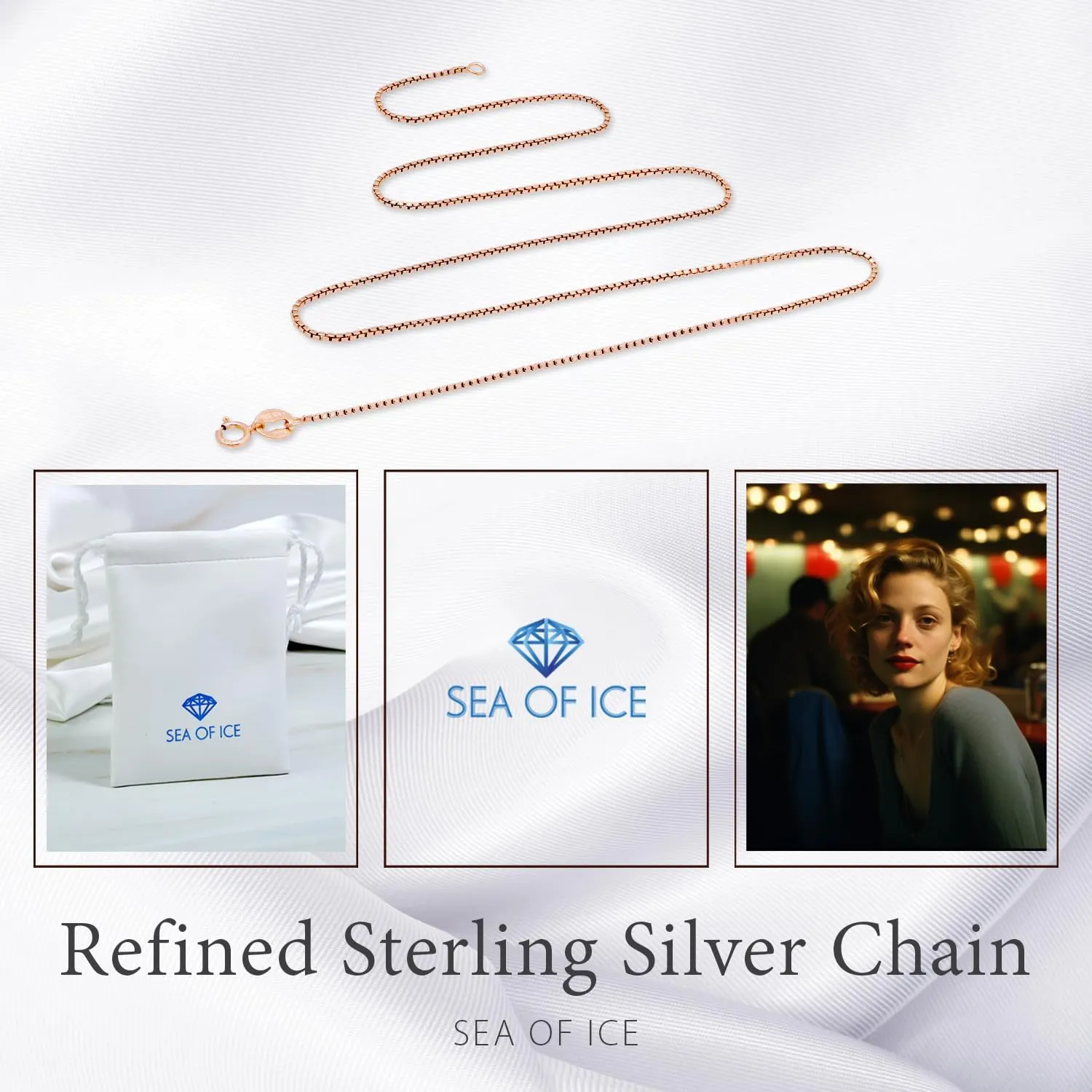 SEA OF ICE Chain Necklace 925 Sterling Silver with Ring Clasp Closure, Italian Box Necklace Chain Necklace for Women & Men, Available in Gold, Rose Gold, Silver, and Black Rhodium, Multisize