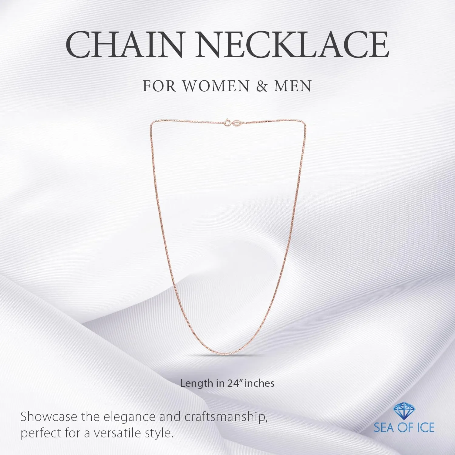 SEA OF ICE Chain Necklace 925 Sterling Silver with Ring Clasp Closure, Italian Box Necklace Chain Necklace for Women & Men, Available in Gold, Rose Gold, Silver, and Black Rhodium, Multisize