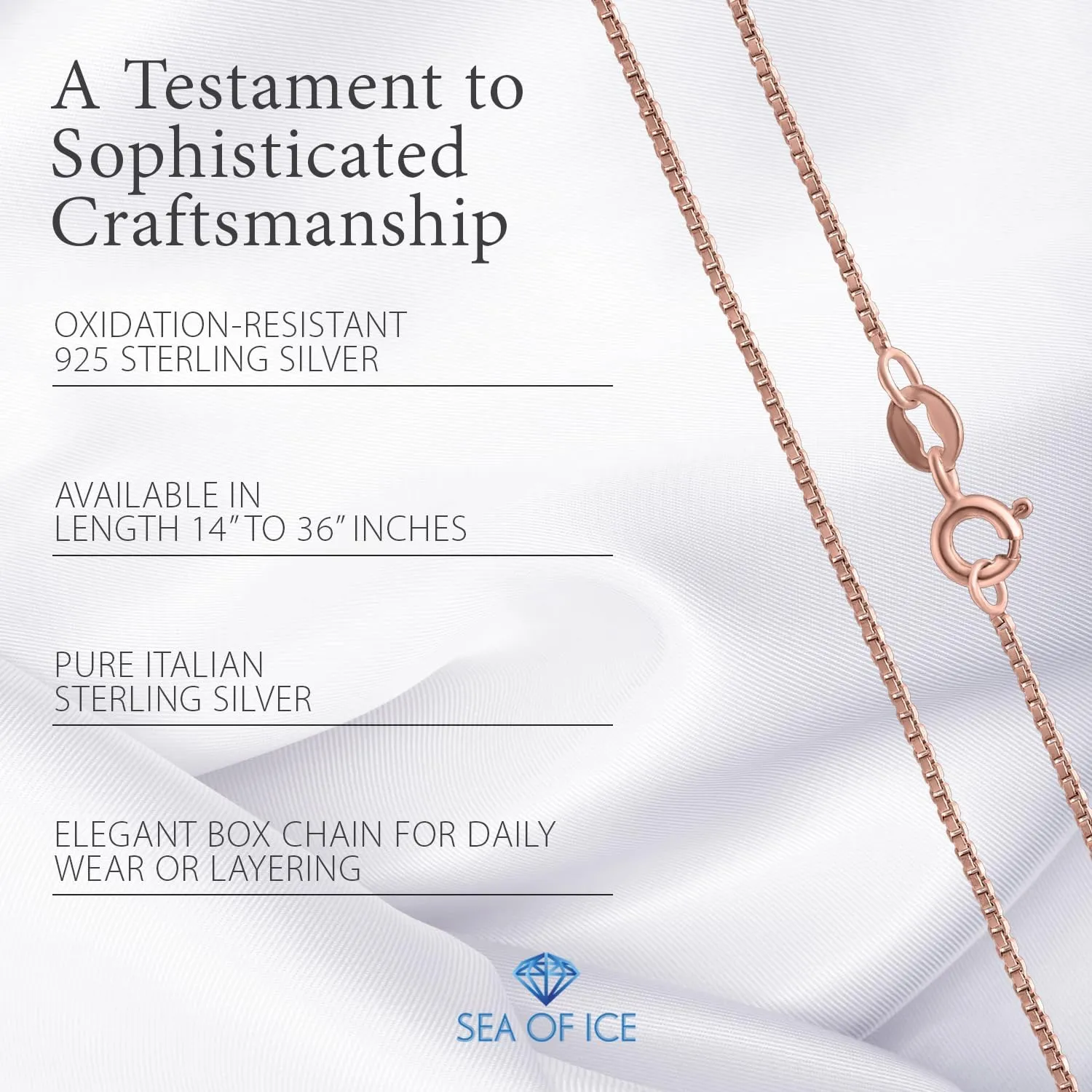 SEA OF ICE Chain Necklace 925 Sterling Silver with Ring Clasp Closure, Italian Box Necklace Chain Necklace for Women & Men, Available in Gold, Rose Gold, Silver, and Black Rhodium, Multisize